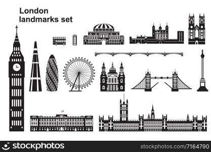Vector set of landmarks of London. City Skyline vector Illustration in black and white colors isolated on white background. Set of vector silhouette Illustration of landmarks of London, England.