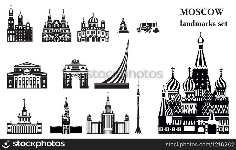 Vector set of landmarks of Moscow. City skyline vector Illustration in black and white colors isolated on white background. Set of vector silhouette Illustration of landmarks of Moscow, Russia.