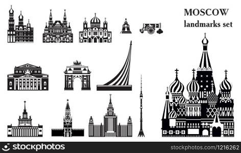 Vector set of landmarks of Moscow. City skyline vector Illustration in black and white colors isolated on white background. Set of vector silhouette Illustration of landmarks of Moscow, Russia.