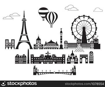 Vector set of landmarks of Paris. City Skyline vector Illustration in black and white colors isolated on white background. Vector silhouette Illustration of landmarks of Paris, France.