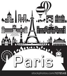 Vector set of landmarks of Paris. Poster of Paris city skyline, vector Illustration in black and white colors isolated on white background. Vector silhouette Illustration of landmarks of Paris,France.