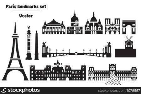 Vector set of landmarks of Paris. Vector Illustration in black and white colors isolated on white background. Vector silhouette Illustration of different landmarks of Paris, France.