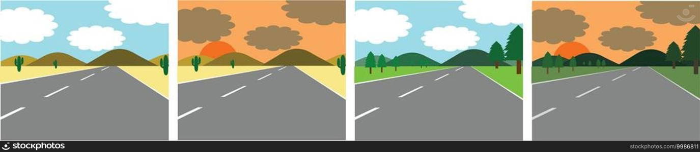 Vector set of landscapes of roads on both sides of the desert and grassland. During the daytime and at sunset It s a simple cartoon. It s frat design. There are four pictures.