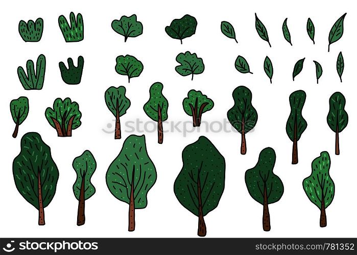 Vector set of leaves, trees and bushes. Collection of doodle style elements.