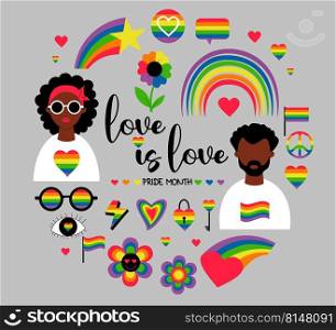Vector set of LGBTQ community symbols. LGBT Pride Month black lesbian woman and gay ethnic man, pride flags, retro rainbow and love elements, reconciliation symbol. Gay pride, groovy celebration