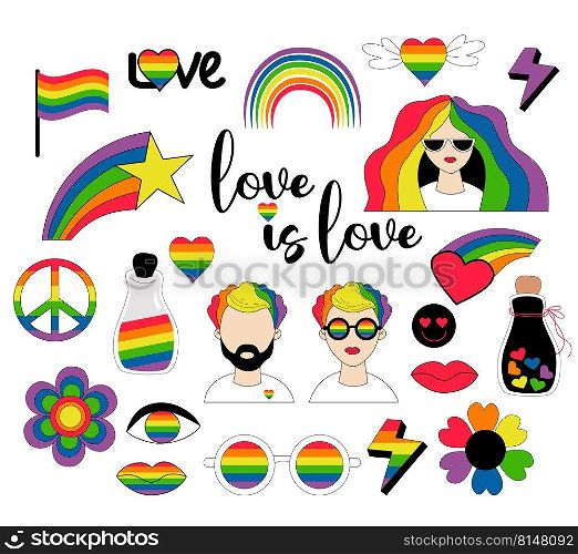 Vector set of LGBTQ community symbols. LGBT Pride Month fair-skinned lesbian woman and gay man with rainbow hair, pride flags, retro rainbow, heart and love element. Gay pride, groovy celebration