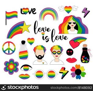 Vector set of LGBTQ community symbols. LGBT Pride Month fair-skinned lesbian woman and gay man with rainbow hair, pride flags, retro rainbow, heart and love element. Gay pride, groovy celebration