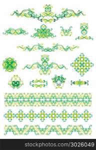 Vector set of line art frames and borders for design template. Element in Eastern and spring style. Green outline floral frames. Mono line decor for invitations, greeting cards, certificate.