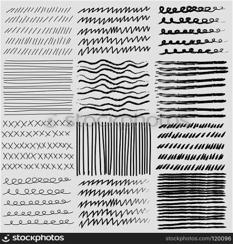 Vector set of line grungy hand drawn textures. 