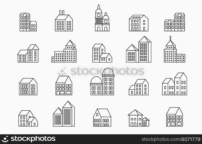 Vector set of linear urban buildings and illustrations of houses and architectural signs. For website design, business cards, invitations and flyers on the urban theme with a linear fashion graphics.