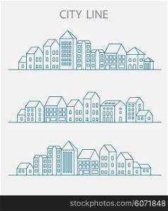 Vector set of linear urban buildings and illustrations of houses and architectural signs. For website design, business cards, invitations and flyers on the urban theme with a linear fashion graphics.