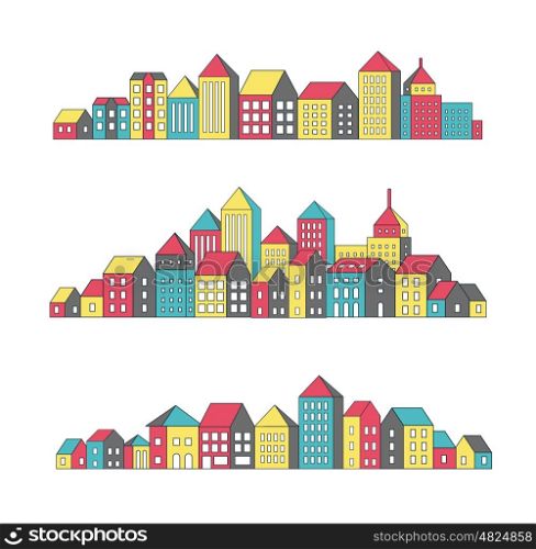 Vector set of linear. Vector set of linear urban buildings landscape and illustrations of houses and architectural signs.