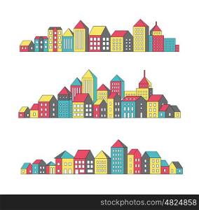 Vector set of linear. Vector set of linear urban buildings landscape and illustrations of houses and architectural signs.