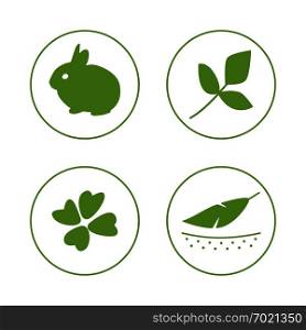 Vector set of logo design template, icons and badges for natural and organic cosmetics - cruelty free, not tested on animals. Rabbit, flower, feather, eco, bio, non GMO, organic, non toxic, vegan. Vector set of logo design template, icons and badges for natural and organic cosmetics - cruelty free, not tested on animals