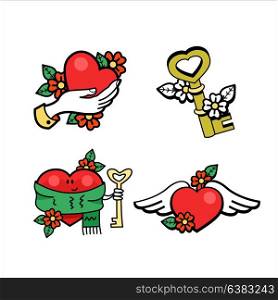 Vector set of logos on the theme of love. Heart in hand. The key to your heart. On the wings of love. To design cards for Valentine&rsquo;s day, confessions of love.