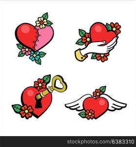 Vector set of logos on the theme of love. Heart in hand. The key to your heart. On the wings of love. To design cards for Valentine&rsquo;s day, confessions of love.