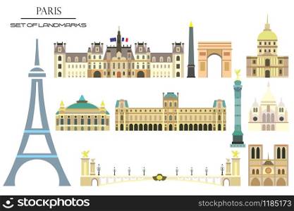 Vector set of main landmarks of Paris, France. Vector colorful illustration isolated on white background. Paris vector icon. Paris building outline.