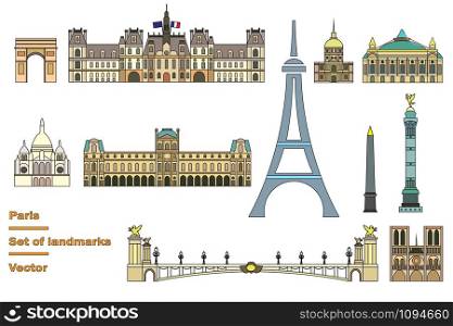 Vector set of main landmarks of Paris. Vector colorful Illustration in line art style in black color isolated on white background. Paris vector icon. Paris building outline.
