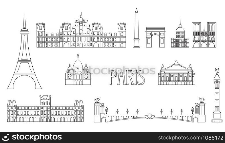 Vector set of main landmarks of Paris. Vector Illustration in line art style in black color isolated on white background. Paris vector icon. Paris building outline.