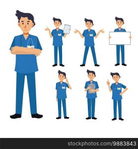 Vector Set of male Doctor character. medical Illustration.
