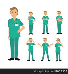 Vector Set of male Surgeon Doctor character. medical Illustration.