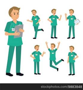 Vector Set of male Surgeon Doctor character. medical Illustration. 