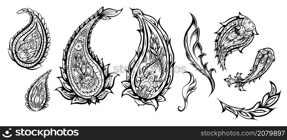 Vector set of monochrome contour paisley pattern. Collection of outline tribal flower elements on white background. Collection of indian floral ornament with boho decoration. Vector set of monochrome contour paisley pattern. Collection of outline tribal flower elements on white background. Collection of indian floral ornament