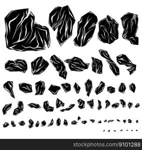 Vector set of monochrome various of broken stones. Black silhouette clipart collection of smashed rocks with cracks isolated from background. Hand drawn gravel and blocks for logos and icons. Vector set of monochrome various of broken stones. Black silhouette clipart collection of smashed rocks with cracks isolated from background.