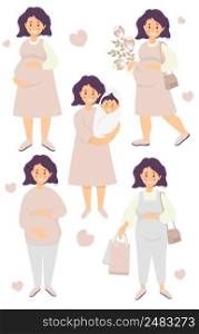 Vector set of Motherhood and Pregnancy. Happy pregnant woman hugs her belly with her hands, with a bouquet of flowers, with a newborn baby, bags, in a dress and trousers. flat illustration