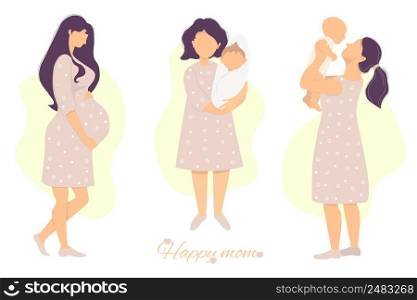 Vector set of Motherhood and Pregnancy. Happy pregnant woman stroking her belly with her hands, and cute Happy om with a newborn baby in her arms. flat illustration. isolated
