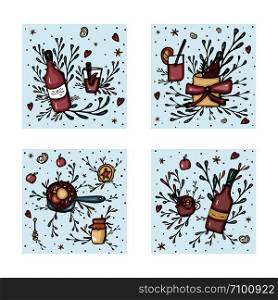 Vector set of mulled wine compositions. Square illustrations in doodle style. Templates for social media post.
