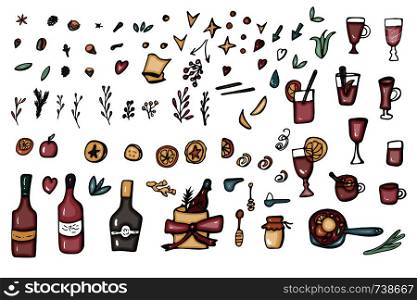 Vector set of mulled wine elements and objects. Collection of wine bottles, glasses, ingredients for hot beverage in doodle style on white background.