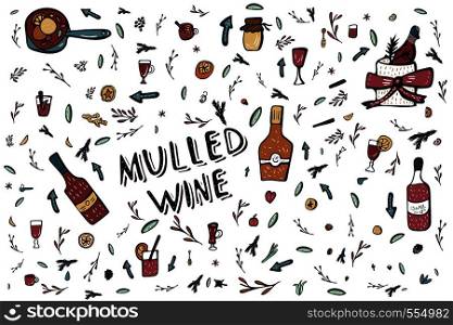 Vector set of mulled wine elements and objects. Collection of beverage ingredients in doodle style.