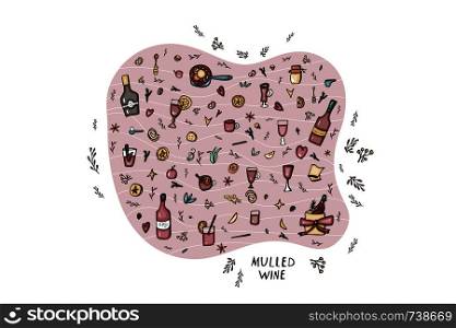 Vector set of mulled wine elements and objects. Composition in abstracr frame in doodle style.