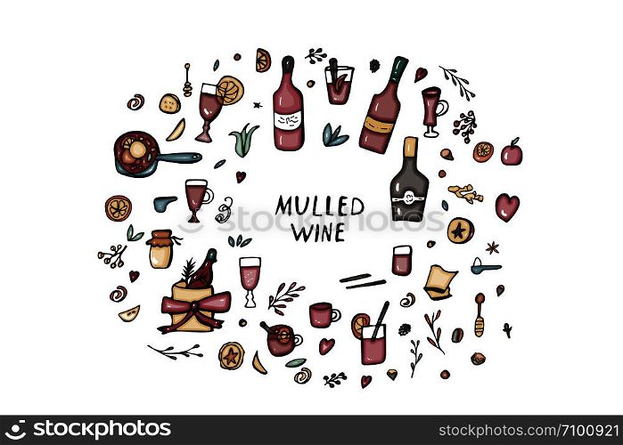 Vector set of mulled wine elements and objects. Composition in doodle style.
