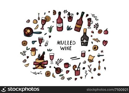 Vector set of mulled wine elements and objects. Composition in doodle style.