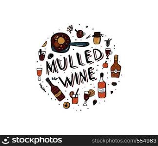 Vector set of mulled wine elements and objects. Round composition in doodle style.