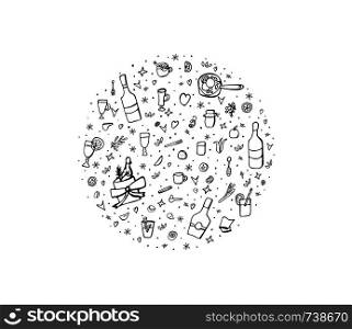 Vector set of mulled wine elements and objects. Round sketch composition in doodle style.