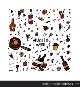 Vector set of mulled wine elements and objects. Square composition in doodle style.