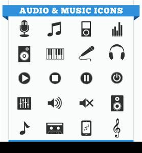 Vector set of music and audio related icons and design elements for web pages and music business services. Illustration on white background.