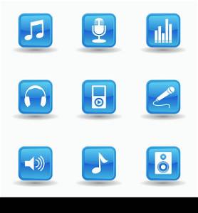 Vector set of music and audio web icon and design elements on blue glossy badges for music related website and business. EPS 10 illustration on white background.