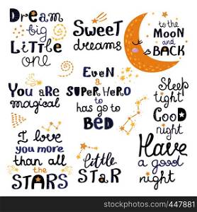 Vector set of night lettering with cute cartoon phrases. Beautiful phrases for baby rooms or bedroom. Vector illustration for your design. Vector set of night lettering with cute cartoon phrases.