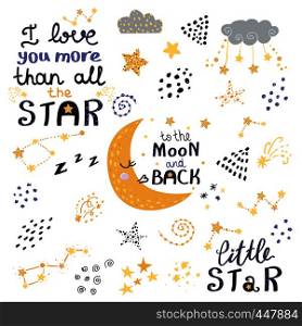 Vector set of night lettering with cute cartoon phrases. Beautiful phrases for baby rooms or bedroom.. Vector set of night lettering with cute phrases.