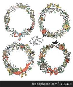 vector set of of floral wreathes with birds, animals and blooming flowers