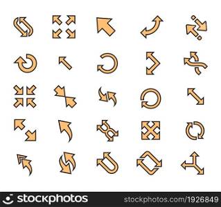 Vector set of outline useful arrows. Collection line arrow with elegant style and yellow color. Flat illustration sign.. Vector set of outline useful arrows