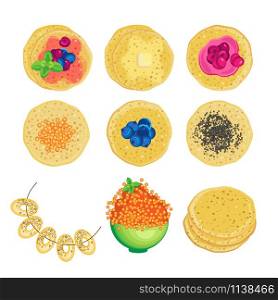 Vector set of pancakes, bagels and a cup of red caviar. Isolated objects on a transparent background.