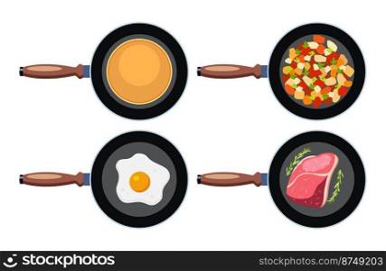 vector set of pans with pancake, fried egg, meat and vegetables. collection of breakfast, dinner and supper flat icons isolated on white background. cooking food in metal pan symbol