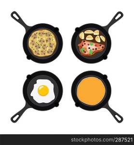 vector set of pans with pancake, fried egg, omelet with mushrooms and fried meat with potatoes. collection of breakfast, dinner and supper flat icons isolated on white background