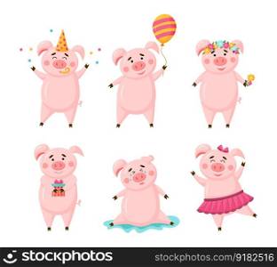 Vector set of pigs cute cartoon character in different poses isolated on white background. Collection piggy with birthday hat, pig with balloon, ballet tutu, gift, flowers