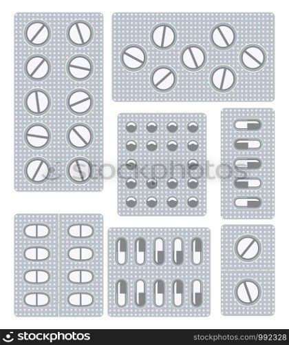 vector set of pills, tablets and capsules in blisters, flat icons, pharmacy and drug symbols on white background